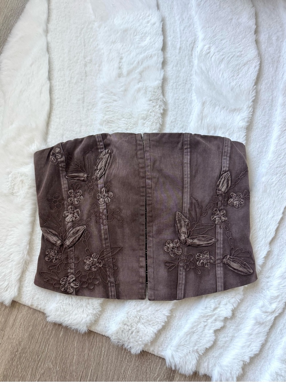 Brown Floral Embroidered Strapless Denim Stretch Corset Top